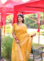 Jyoti Fashion Women's Yellow Linen Silk Zari Woven Traditional Saree with Blouse | Grocsy