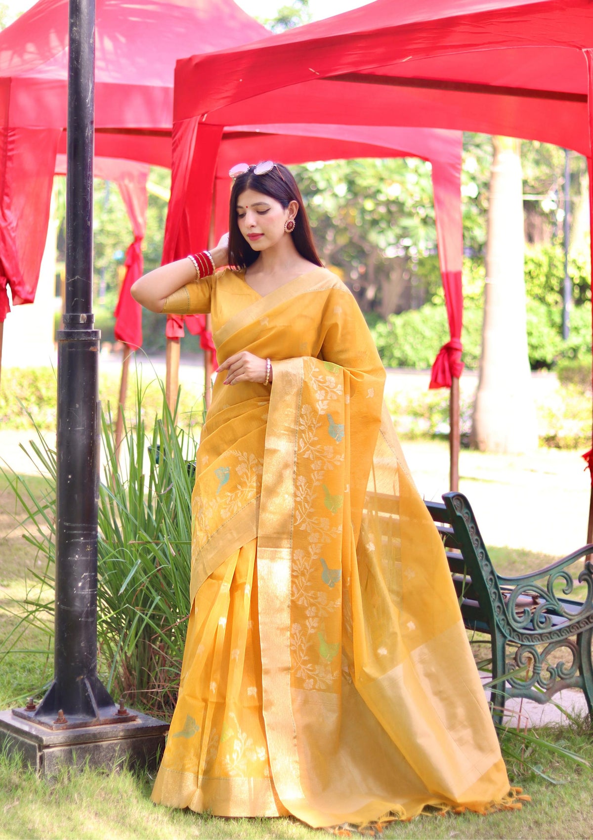 Jyoti Fashion Women's Yellow Linen Silk Zari Woven Traditional Saree with Blouse | Grocsy