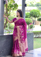 Jyoti Fashion Women's Magenta Linen Silk Zari Woven Traditional Saree with Blouse | Grocsy