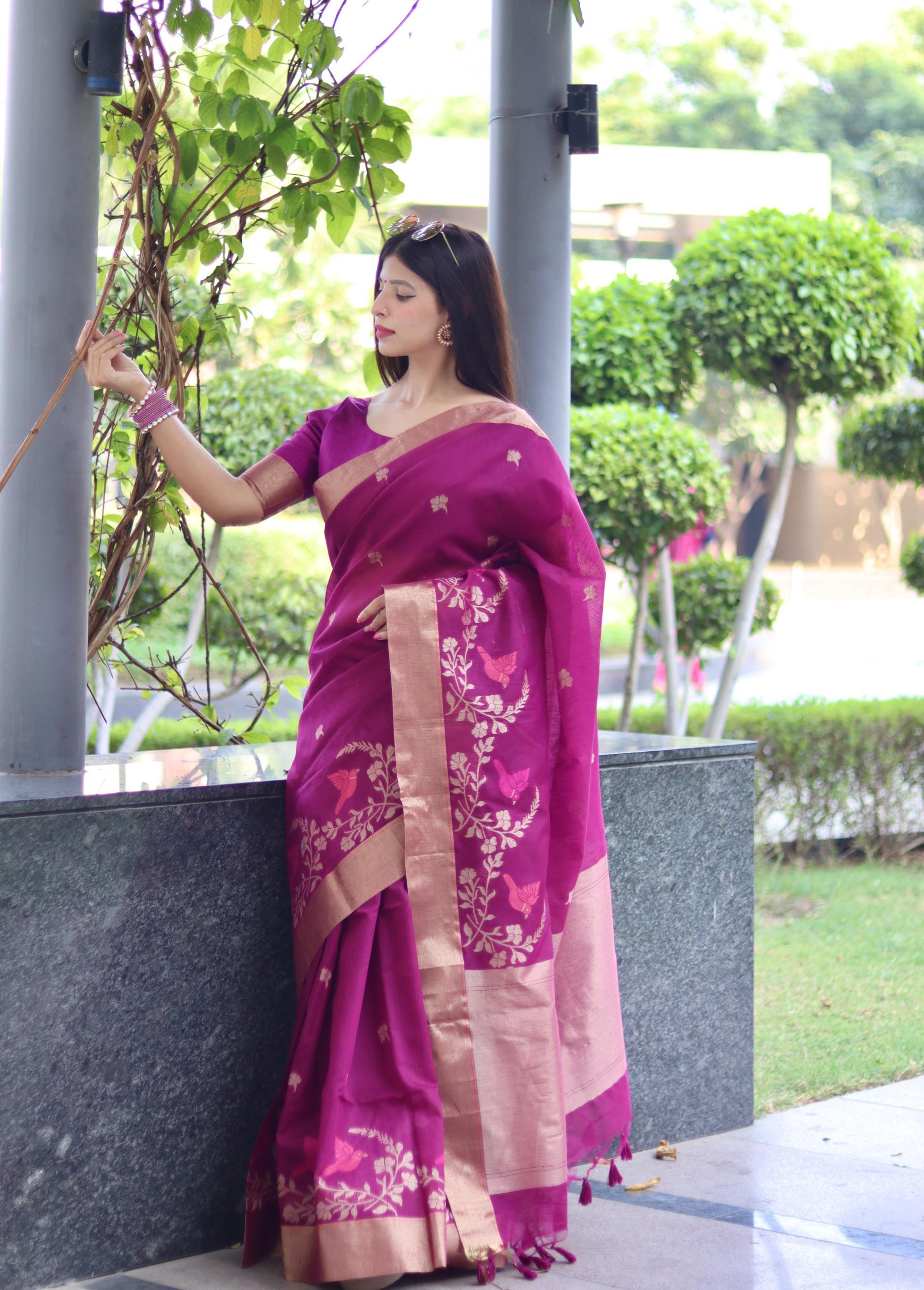 Jyoti Fashion Women's Magenta Linen Silk Zari Woven Traditional Saree with Blouse | Grocsy