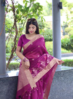Jyoti Fashion Women's Magenta Linen Silk Zari Woven Traditional Saree with Blouse | Grocsy