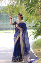 Jyoti Fashion Women's Blue Linen Silk Zari Woven Traditional Saree with Blouse | Grocsy
