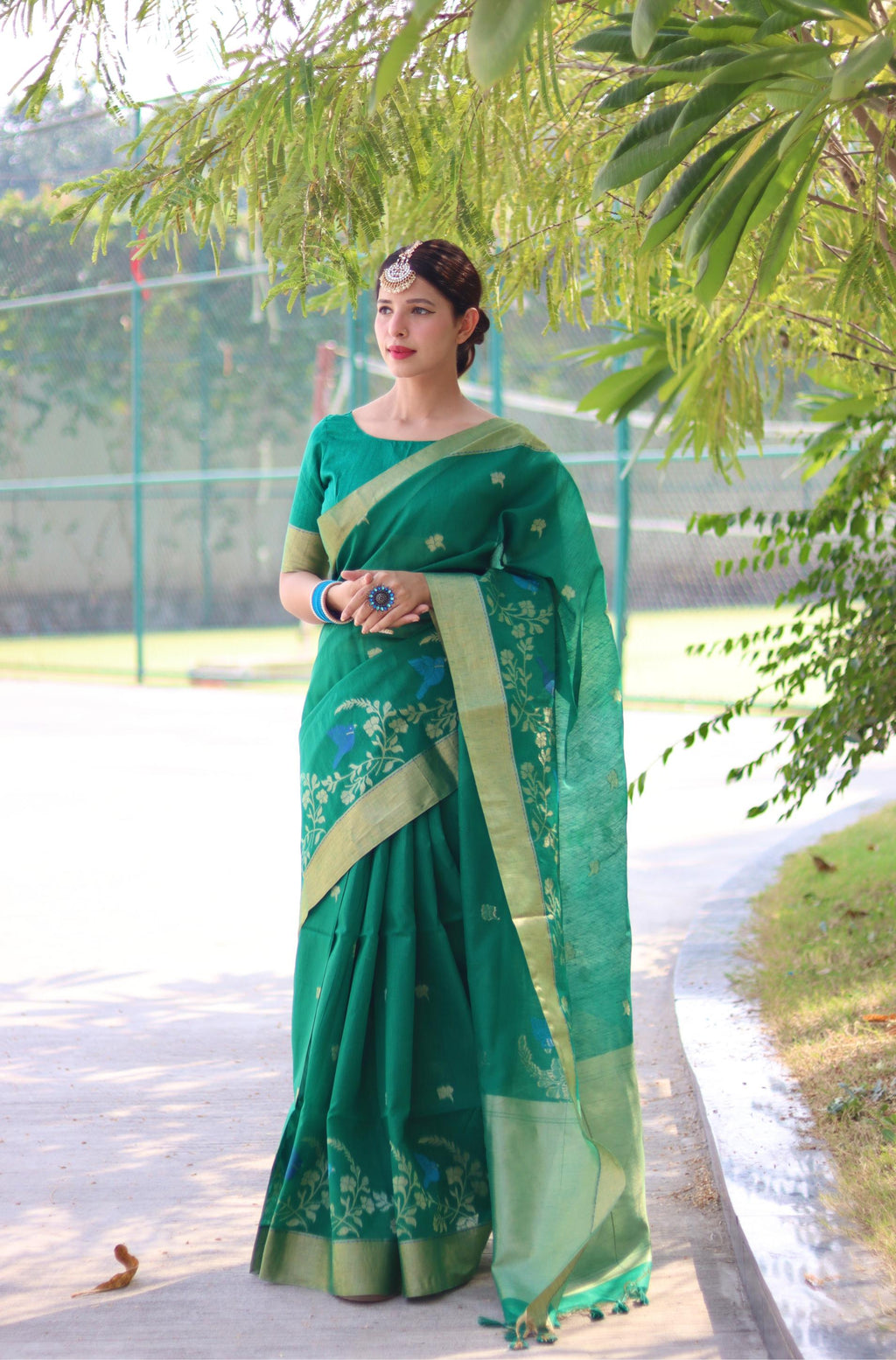 Jyoti Fashion Women's Rama Linen Silk Zari Woven Traditional Saree with Blouse | Grocsy