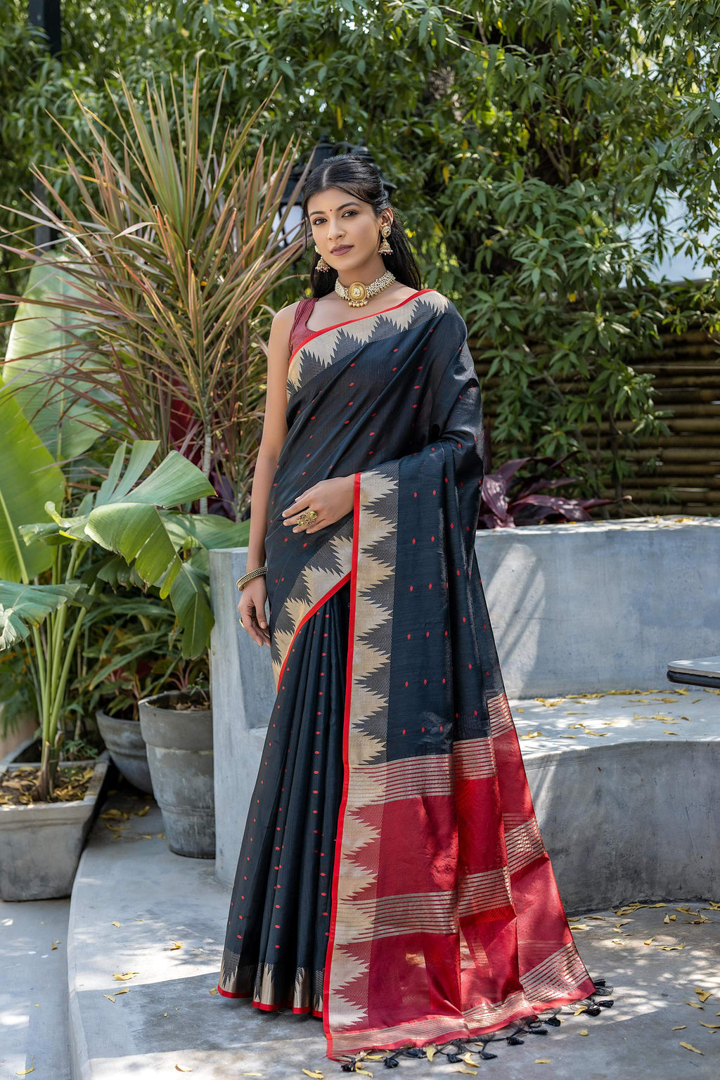Jyoti Fashion Women's Black Tussar Silk Temple Border with Zari Lining Traditional Saree with Blouse | Grocsy