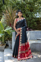Jyoti Fashion Women's Black Tussar Silk Temple Border with Zari Lining Traditional Saree with Blouse | Grocsy