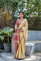 Jyoti Fashion Women's Cream Tussar Silk Temple Border with Zari Lining Traditional Saree with Blouse | Grocsy