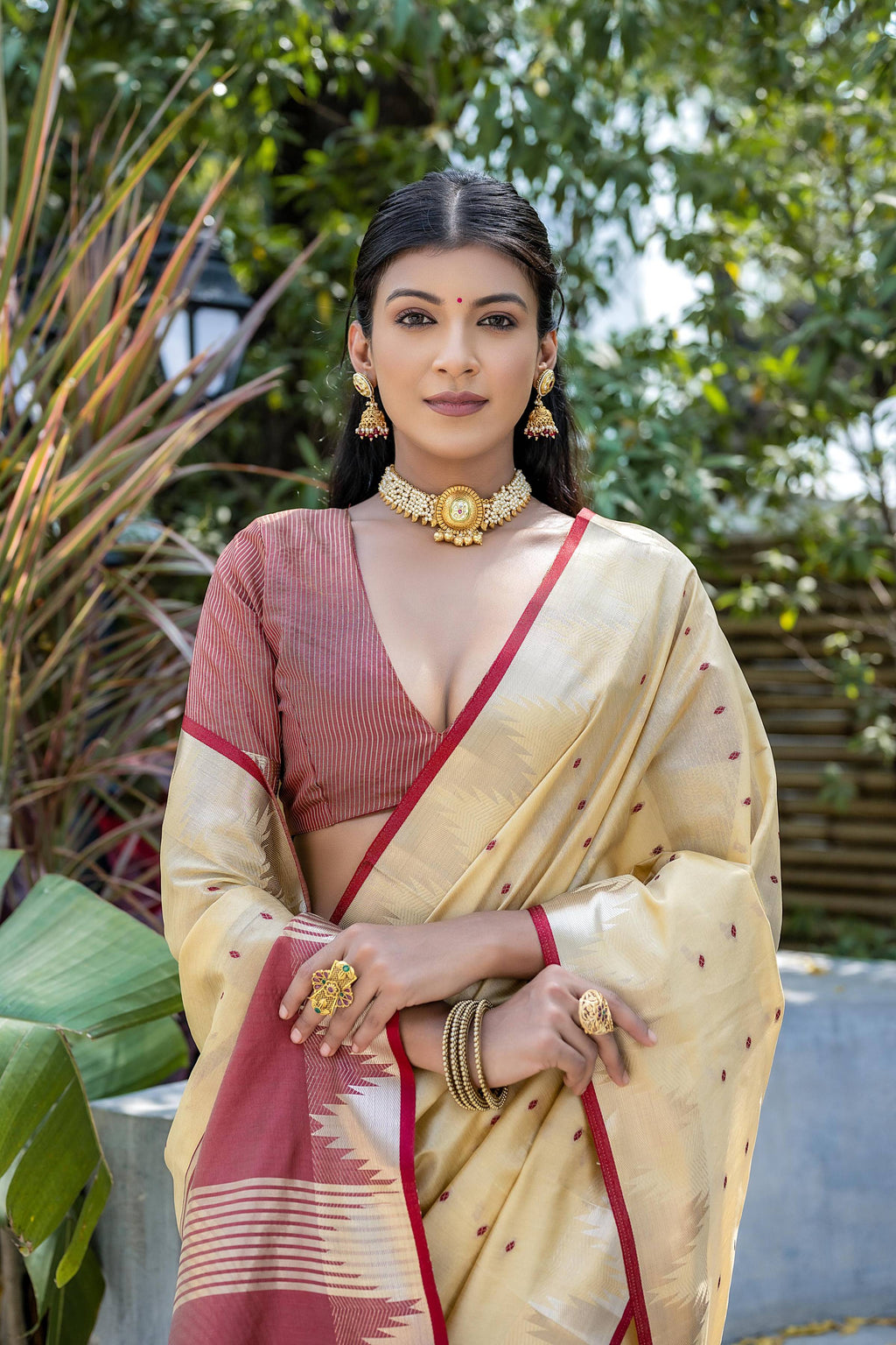 Jyoti Fashion Women's Cream Tussar Silk Temple Border with Zari Lining Traditional Saree with Blouse | Grocsy