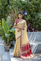 Jyoti Fashion Women's Cream Tussar Silk Temple Border with Zari Lining Traditional Saree with Blouse | Grocsy