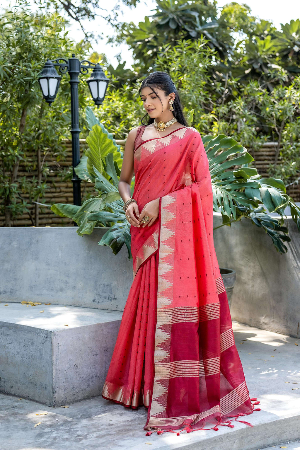 Jyoti Fashion Women's Coral Tussar Silk Temple Border with Zari Lining Traditional Saree with Blouse | Grocsy