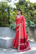 Jyoti Fashion Women's Coral Tussar Silk Temple Border with Zari Lining Traditional Saree with Blouse | Grocsy