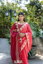 Jyoti Fashion Women's Coral Tussar Silk Temple Border with Zari Lining Traditional Saree with Blouse | Grocsy