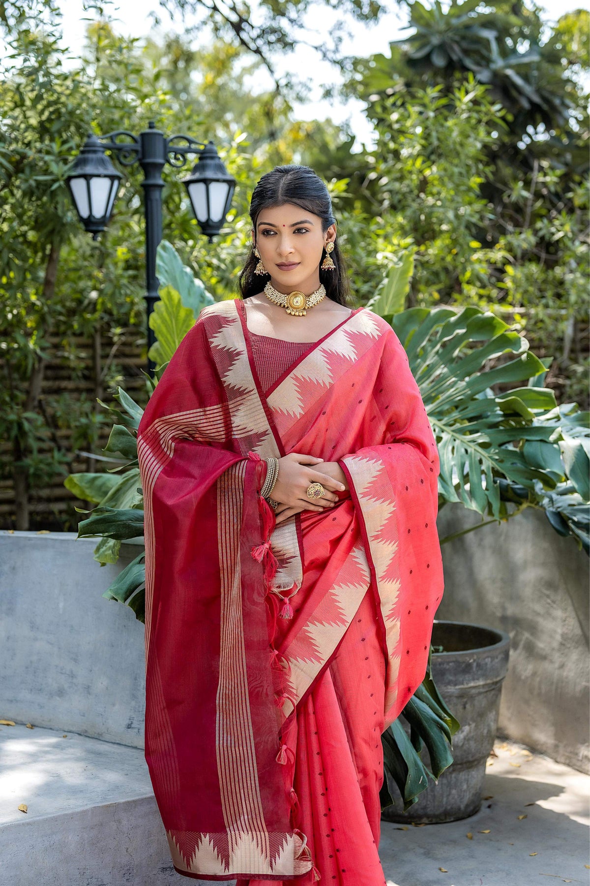 Jyoti Fashion Women's Coral Tussar Silk Temple Border with Zari Lining Traditional Saree with Blouse | Grocsy