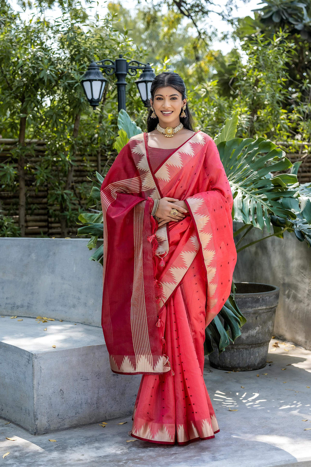 Jyoti Fashion Women's Coral Tussar Silk Temple Border with Zari Lining Traditional Saree with Blouse | Grocsy