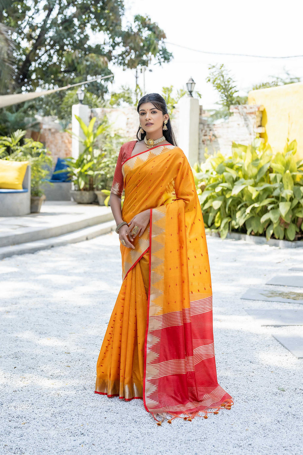 Jyoti Fashion Women's Mustard Tussar Silk Temple Border with Zari Lining Traditional Saree with Blouse | Grocsy