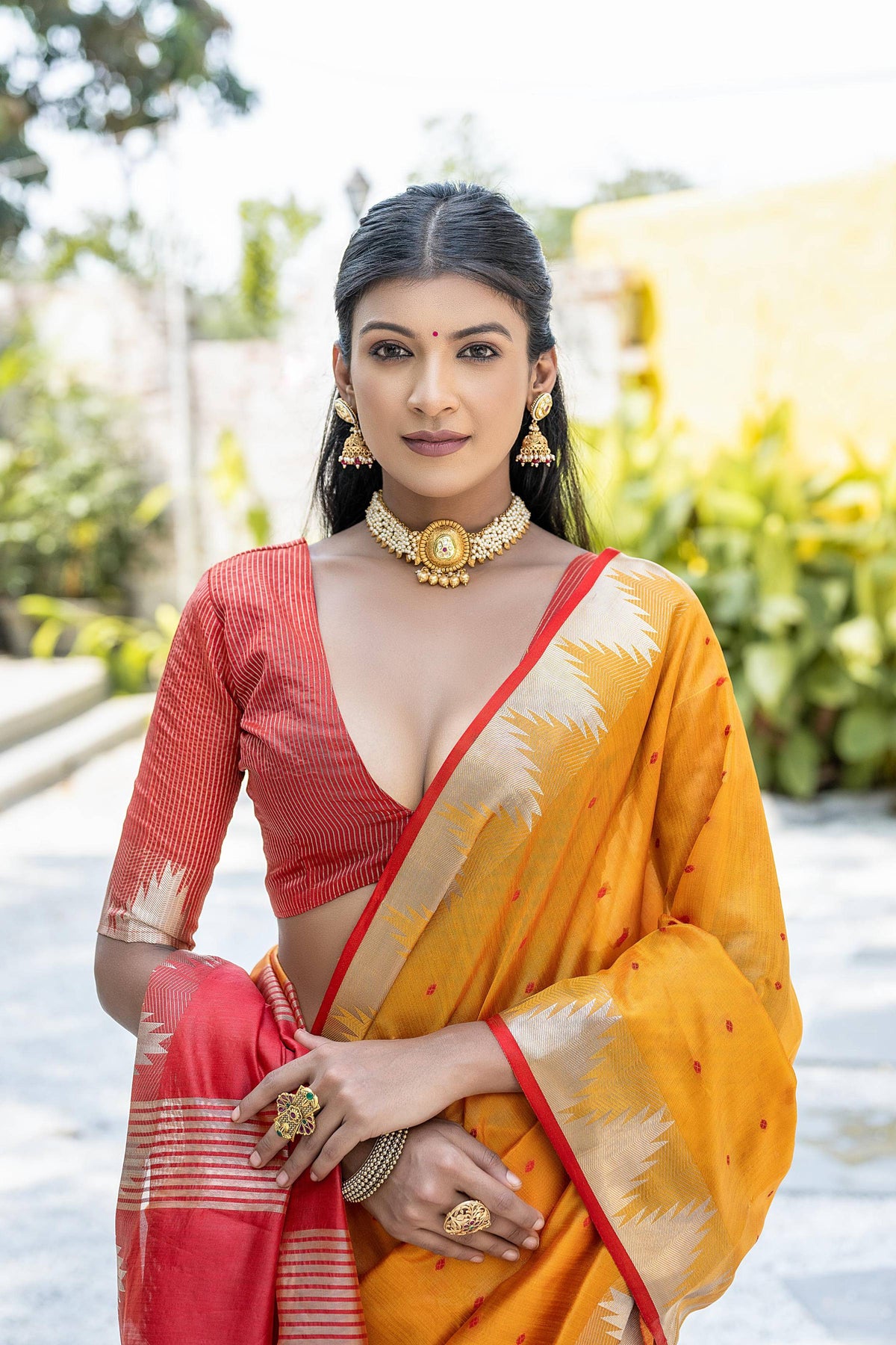 Jyoti Fashion Women's Mustard Tussar Silk Temple Border with Zari Lining Traditional Saree with Blouse | Grocsy