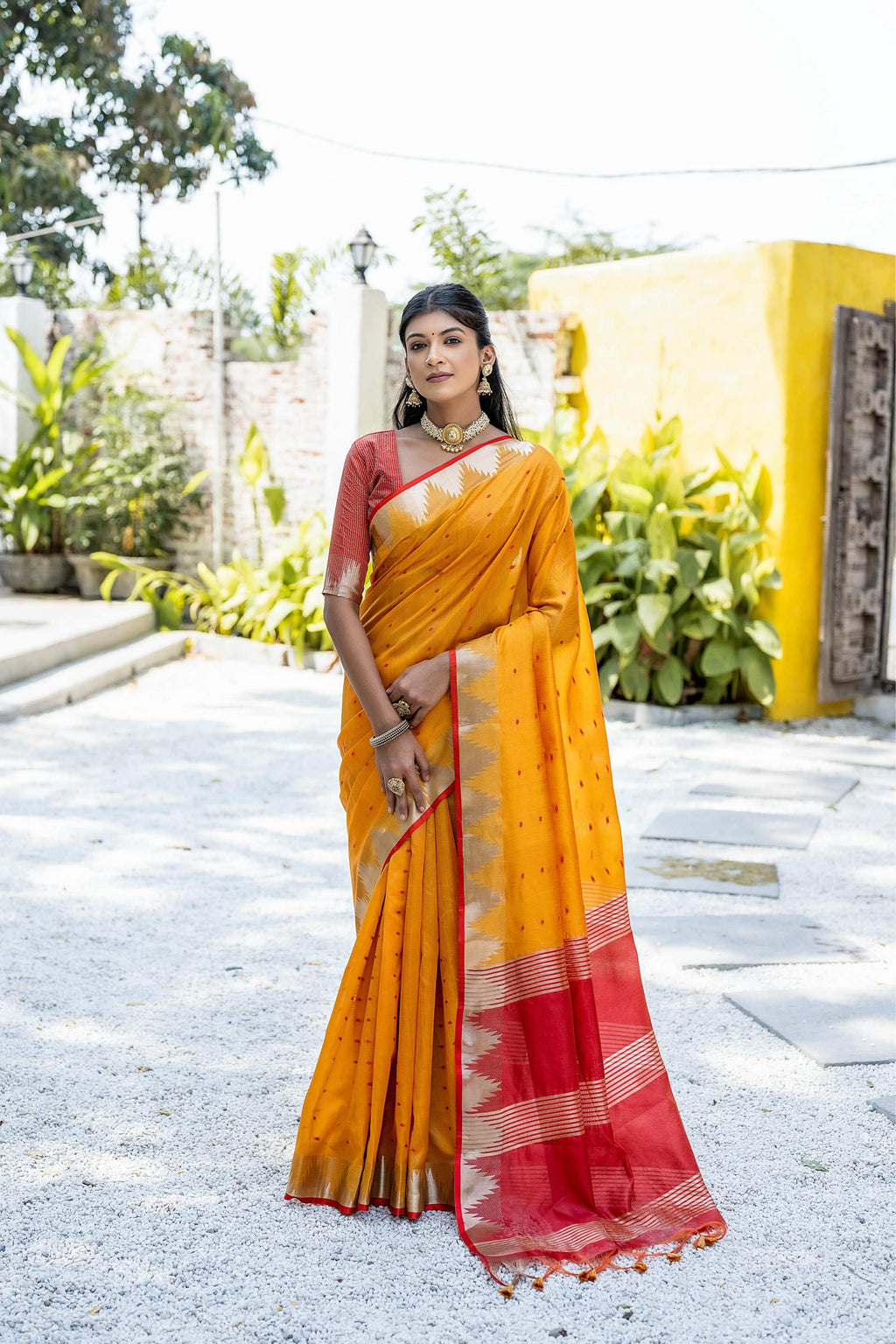 Jyoti Fashion Women's Mustard Tussar Silk Temple Border with Zari Lining Traditional Saree with Blouse | Grocsy