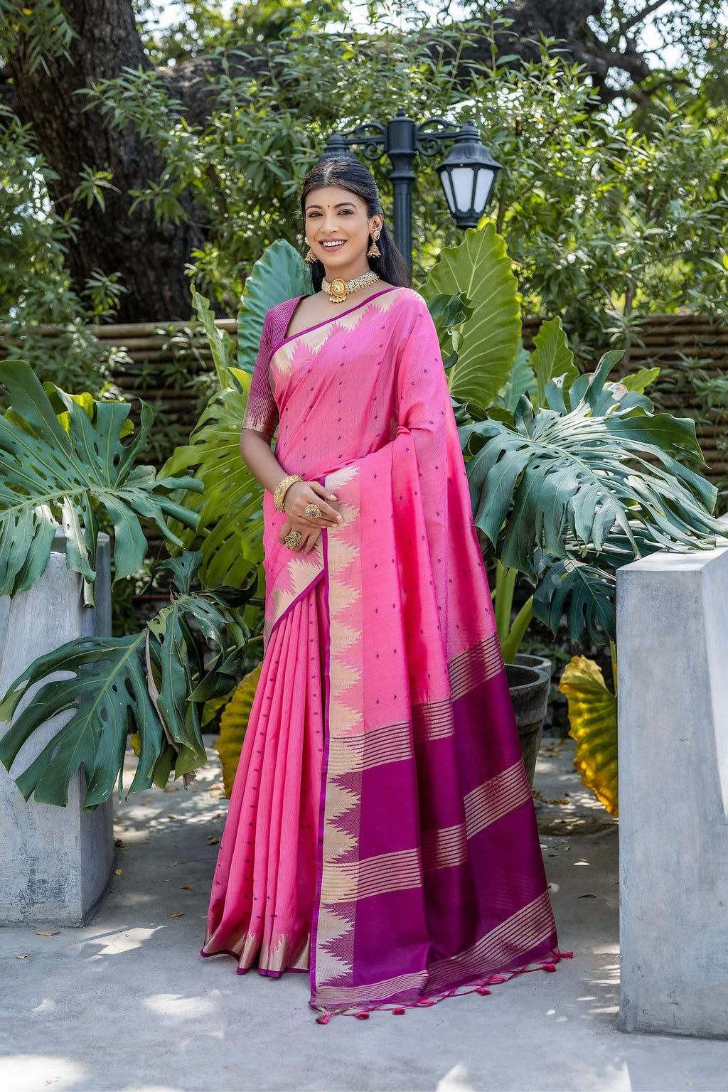 Jyoti Fashion Women's Pink Tussar Silk Temple Border with Zari Lining Traditional Saree with Blouse | Grocsy