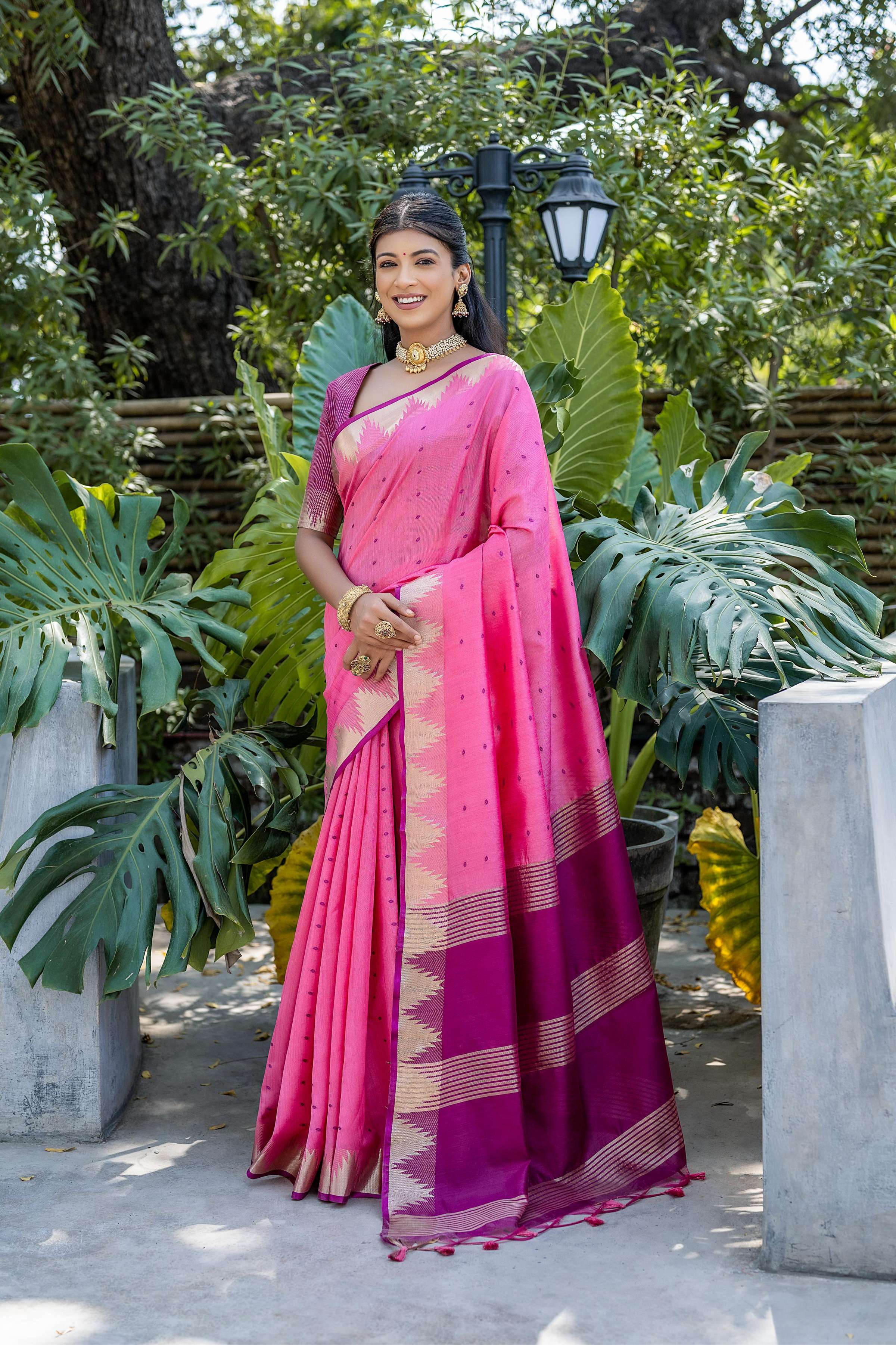 Jyoti Fashion Women's Pink Tussar Silk Temple Border with Zari Lining Traditional Saree with Blouse | Grocsy