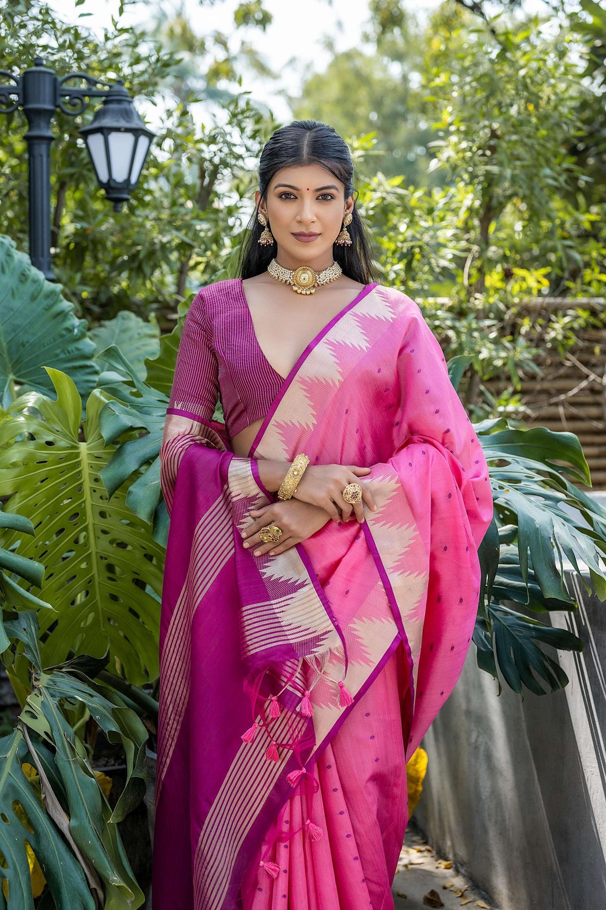 Jyoti Fashion Women's Pink Tussar Silk Temple Border with Zari Lining Traditional Saree with Blouse | Grocsy