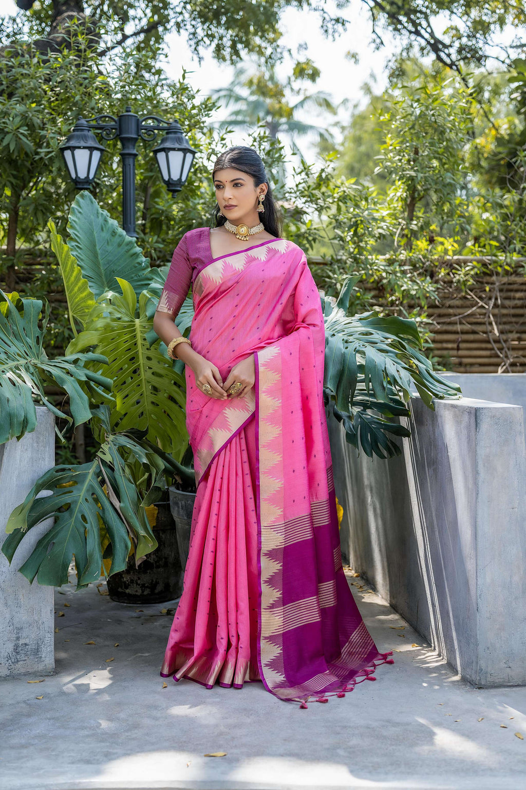 Jyoti Fashion Women's Pink Tussar Silk Temple Border with Zari Lining Traditional Saree with Blouse | Grocsy