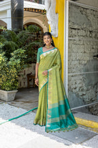 Jyoti Fashion Women's Green Tussar Silk Temple Border with Zari Lining Traditional Saree with Blouse | Grocsy