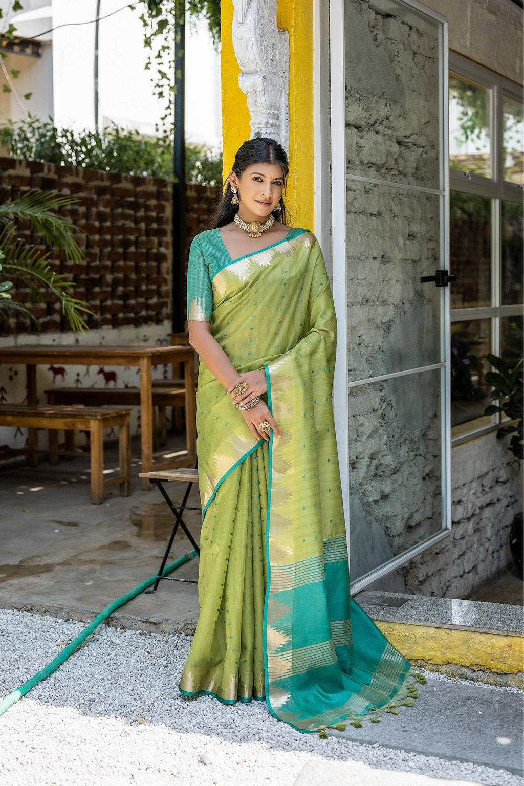 Jyoti Fashion Women's Green Tussar Silk Temple Border with Zari Lining Traditional Saree with Blouse | Grocsy