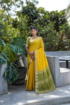 Jyoti Fashion Women's Yellow Tussar Silk Temple Border with Zari Lining Traditional Saree with Blouse | Grocsy