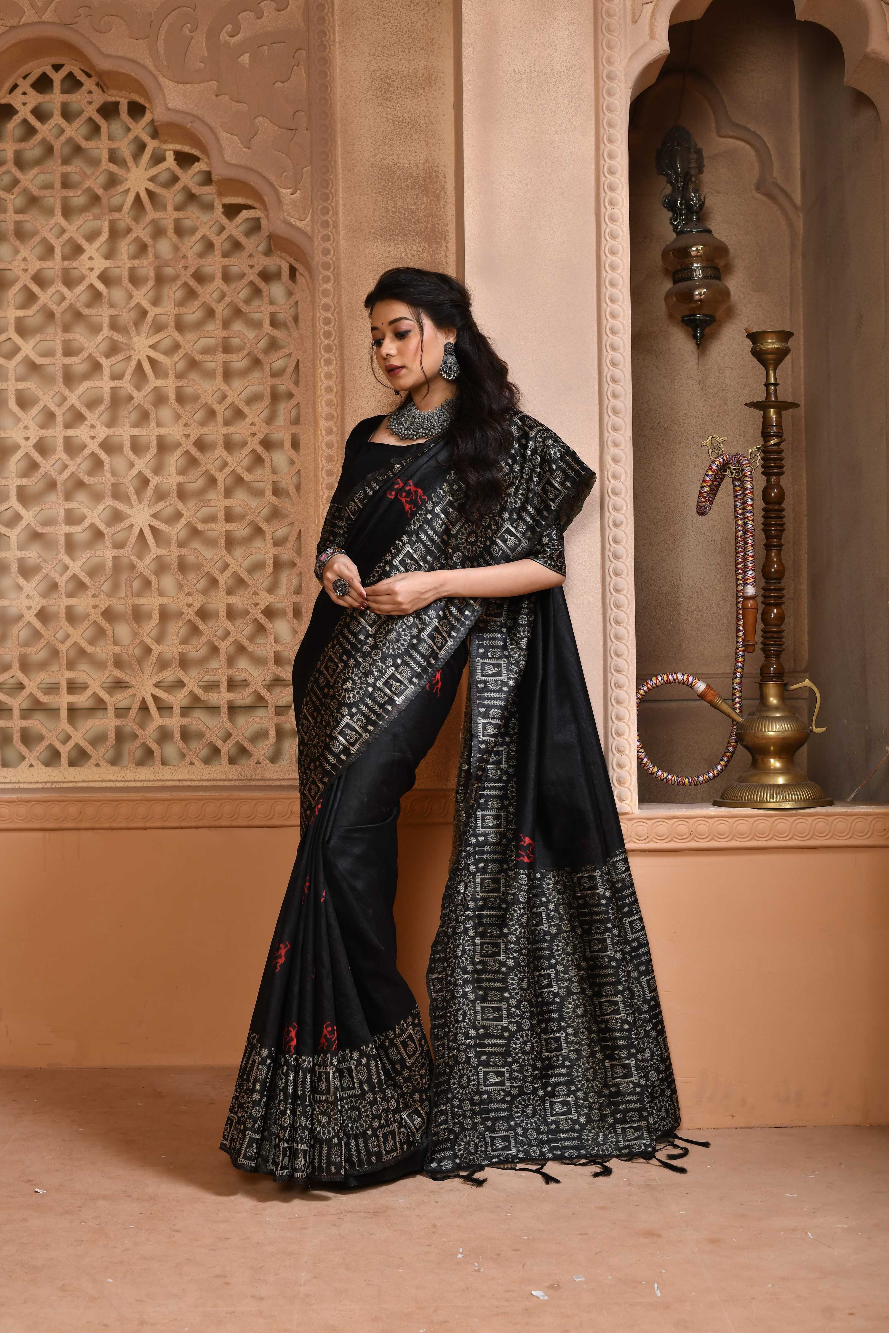Jyoti Fashion Women's Black Handloom Raw Silk Weaving Pallu Traditional Saree with Blouse | Grocsy