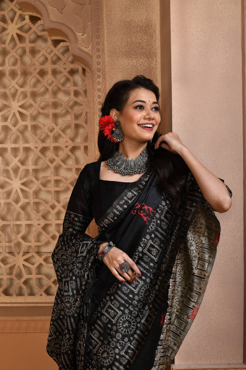 Jyoti Fashion Women's Black Handloom Raw Silk Weaving Pallu Traditional Saree with Blouse | Grocsy
