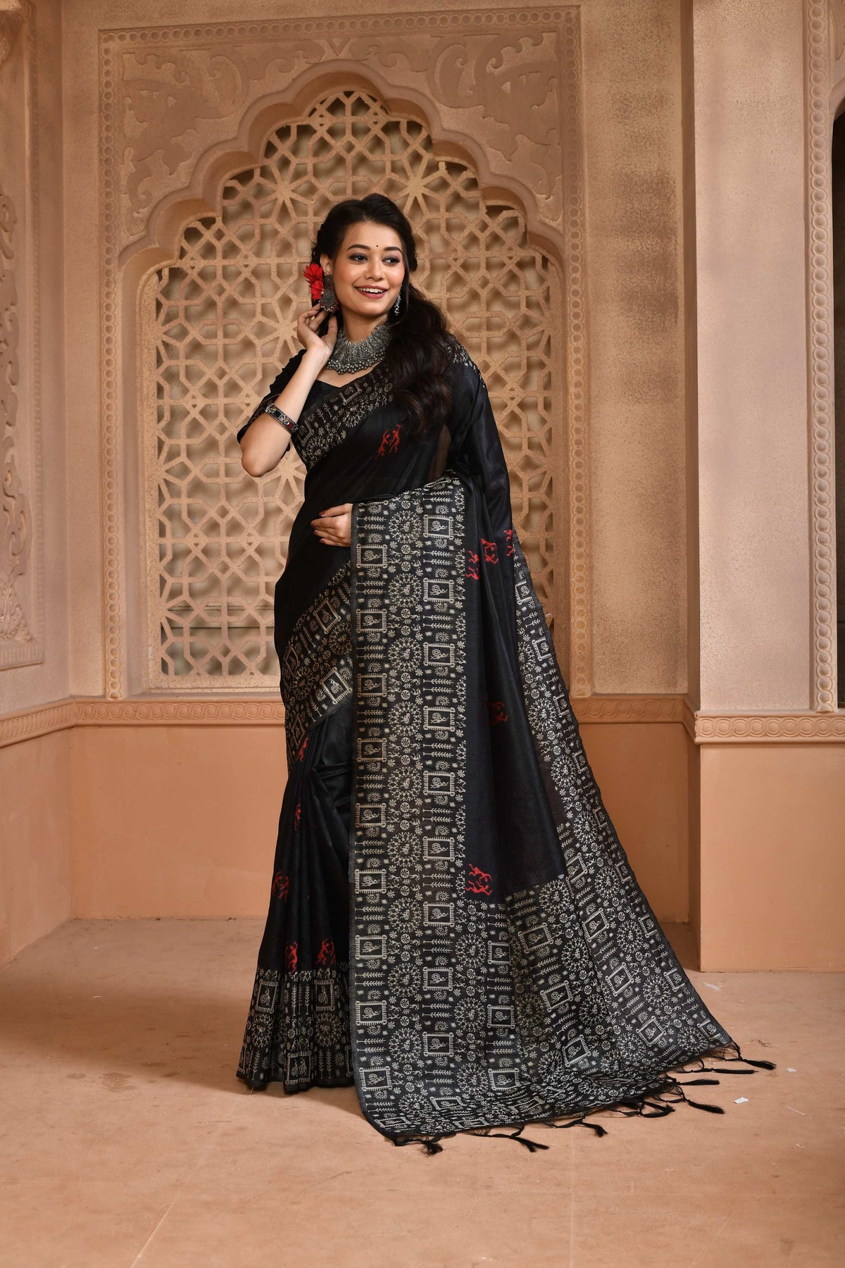 Jyoti Fashion Women's Black Handloom Raw Silk Weaving Pallu Traditional Saree with Blouse | Grocsy