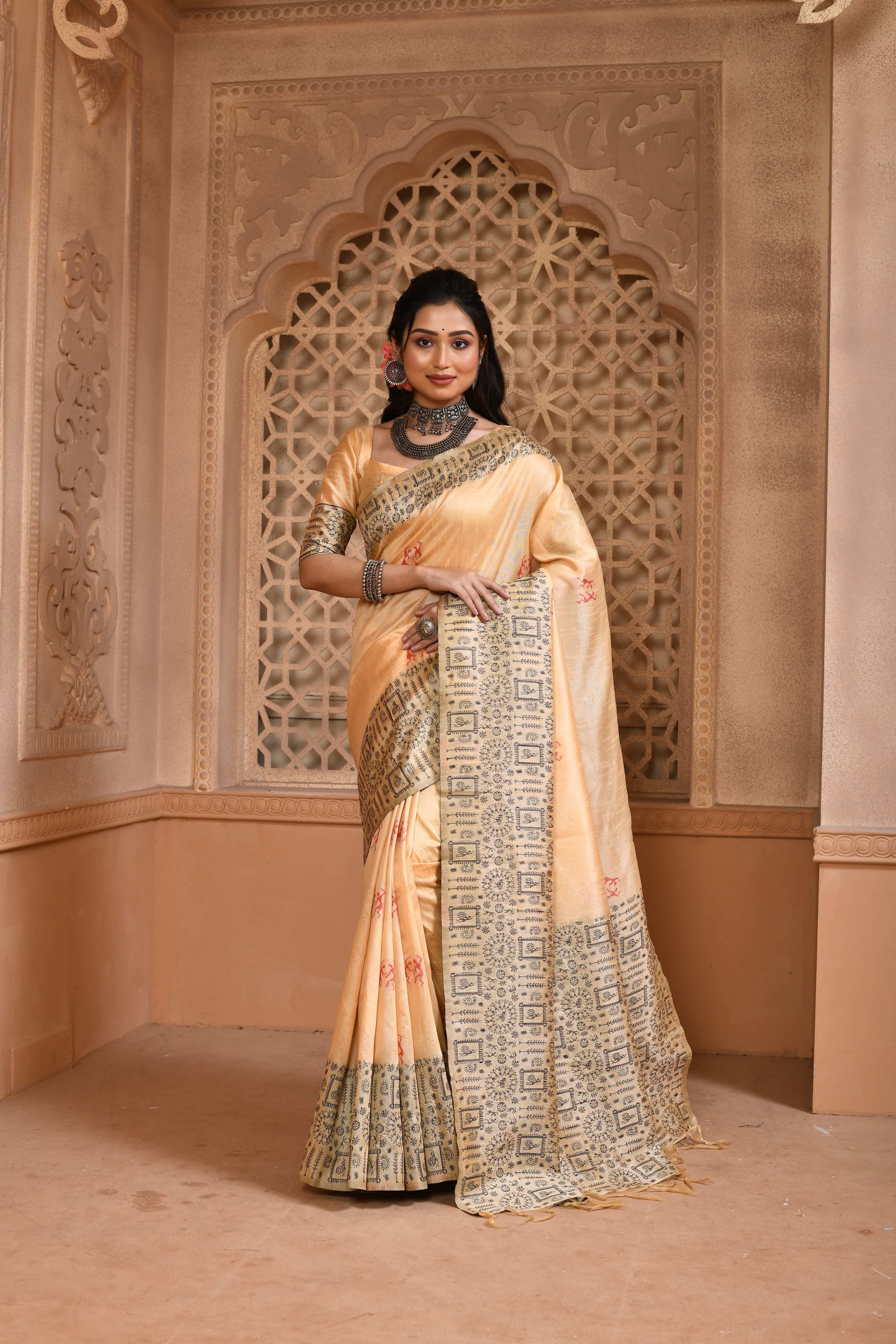 Jyoti Fashion Women's Cream Handloom Raw Silk Weaving Pallu Traditional Saree with Blouse | Grocsy