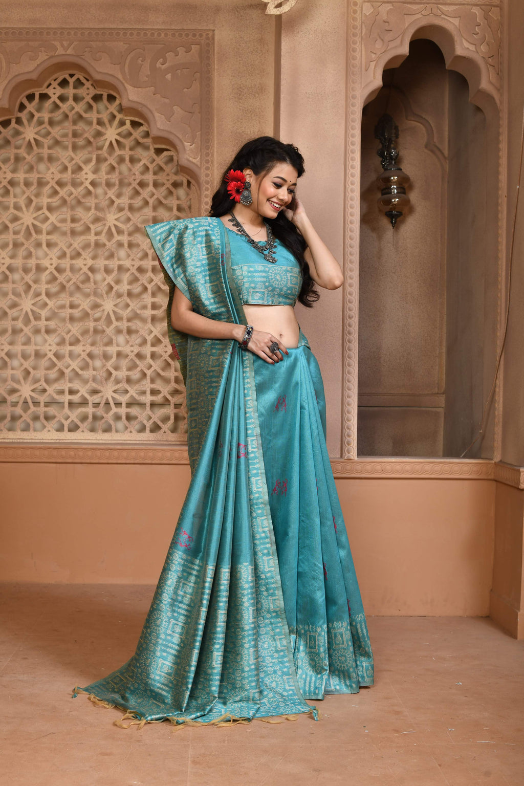 Jyoti Fashion Women's Firozi Handloom Raw Silk Weaving Pallu Traditional Saree with Blouse | Grocsy