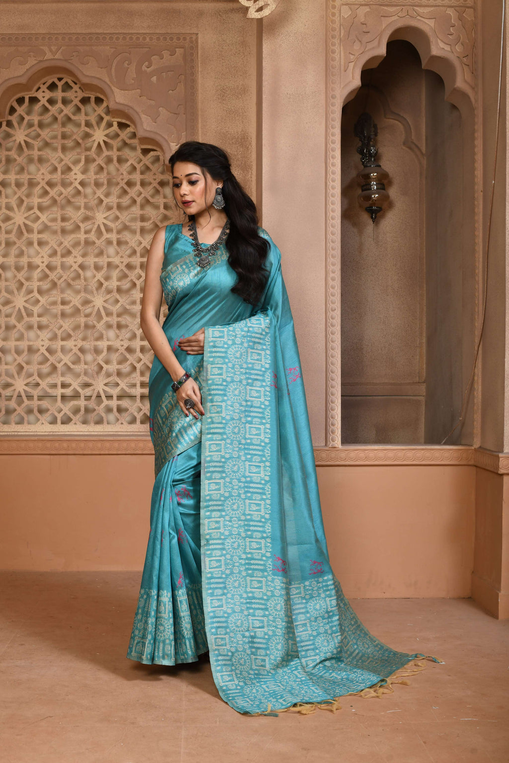 Jyoti Fashion Women's Firozi Handloom Raw Silk Weaving Pallu Traditional Saree with Blouse | Grocsy
