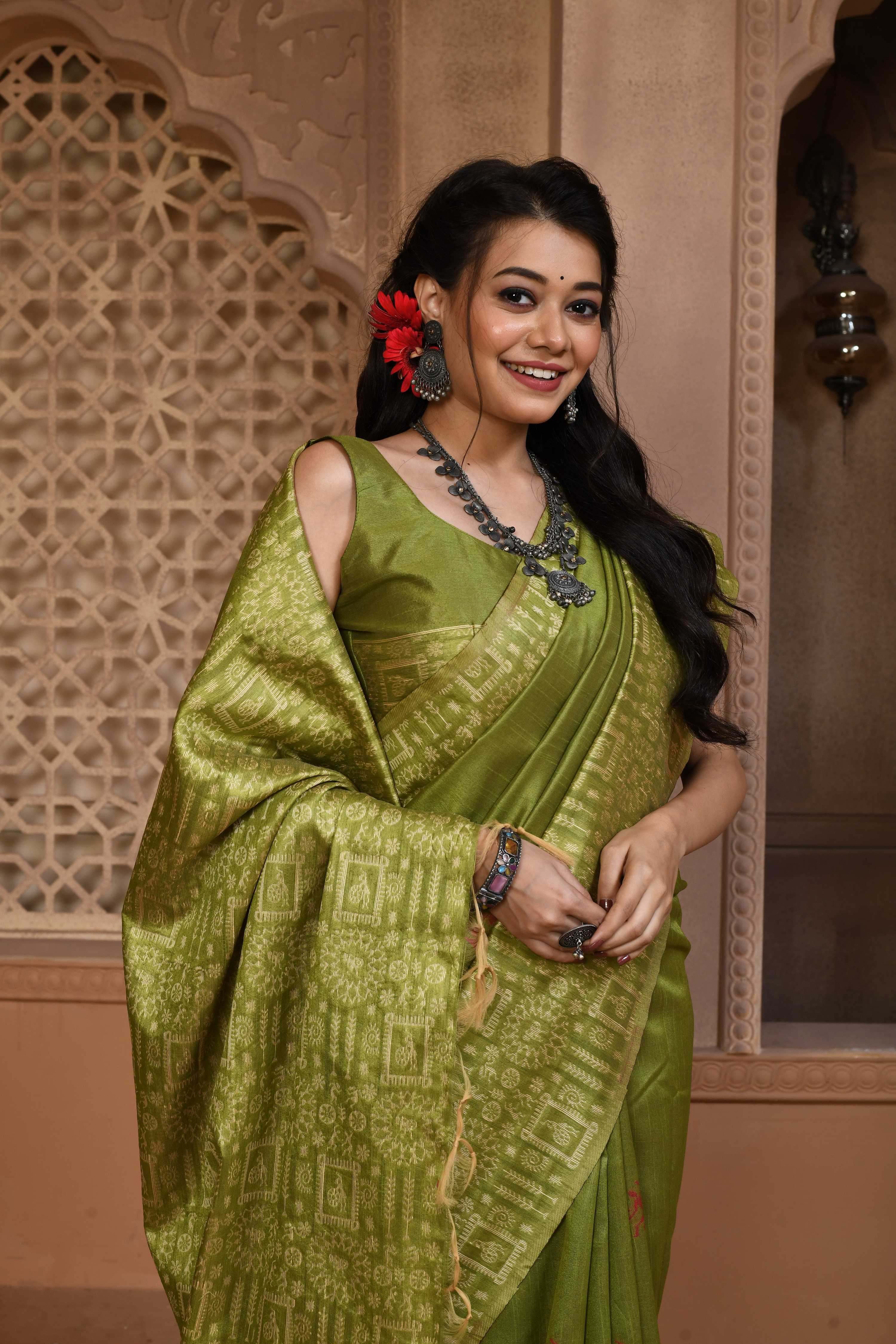 Jyoti Fashion Women's Green Handloom Raw Silk Weaving Pallu Traditional Saree with Blouse | Grocsy