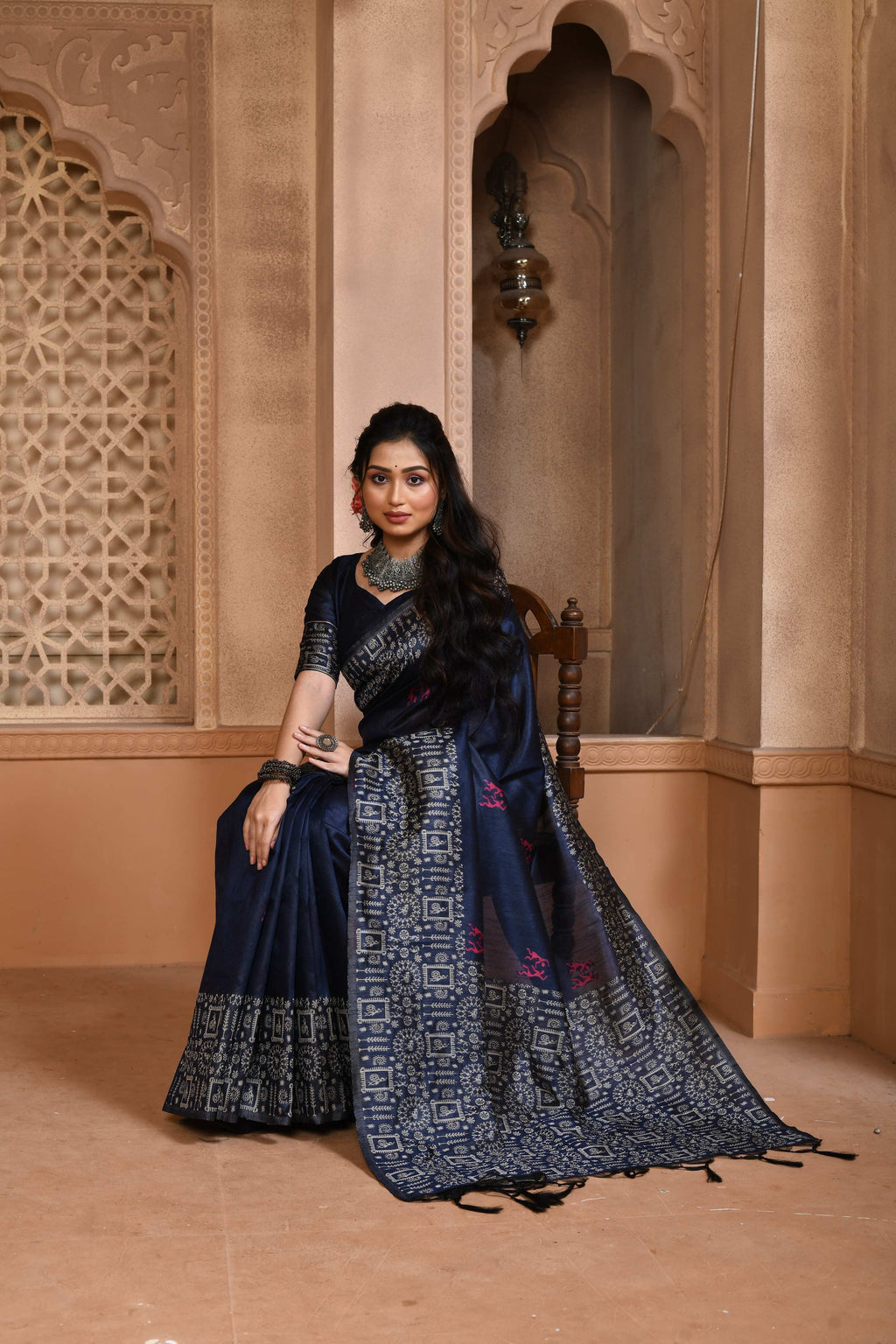 Jyoti Fashion Women's Navy Blue Handloom Raw Silk Weaving Pallu Traditional Saree with Blouse | Grocsy