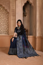 Jyoti Fashion Women's Navy Blue Handloom Raw Silk Weaving Pallu Traditional Saree with Blouse | Grocsy