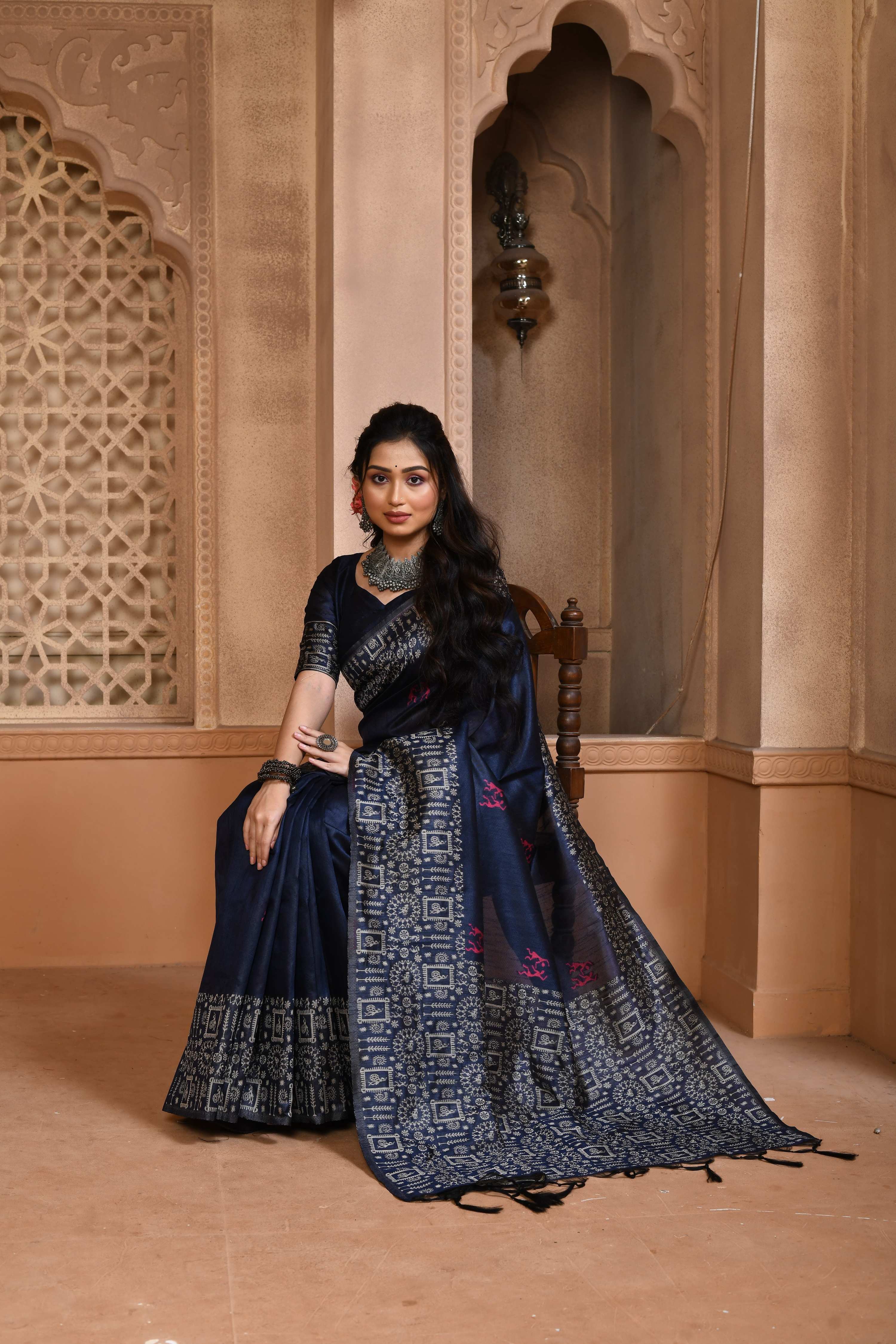 Jyoti Fashion Women's Navy Blue Handloom Raw Silk Weaving Pallu Traditional Saree with Blouse | Grocsy
