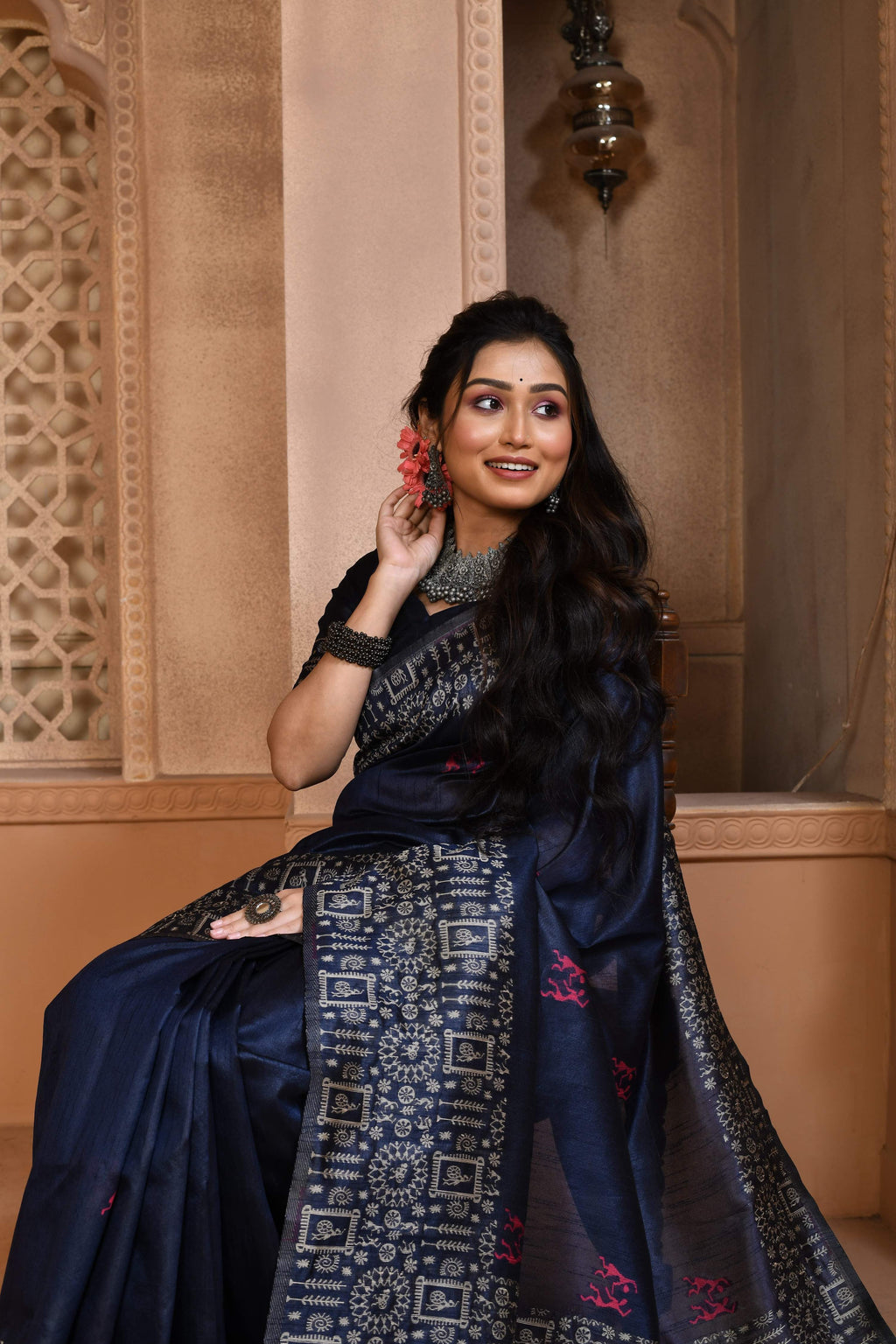 Jyoti Fashion Women's Navy Blue Handloom Raw Silk Weaving Pallu Traditional Saree with Blouse | Grocsy