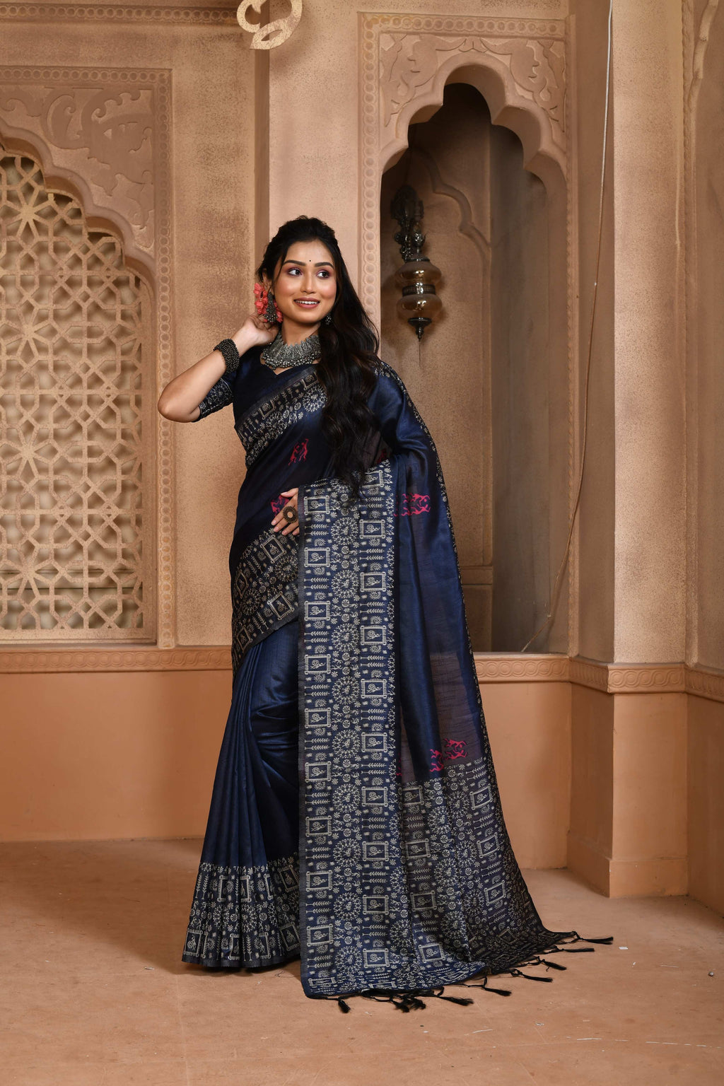 Jyoti Fashion Women's Navy Blue Handloom Raw Silk Weaving Pallu Traditional Saree with Blouse | Grocsy