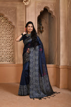 Jyoti Fashion Women's Navy Blue Handloom Raw Silk Weaving Pallu Traditional Saree with Blouse | Grocsy