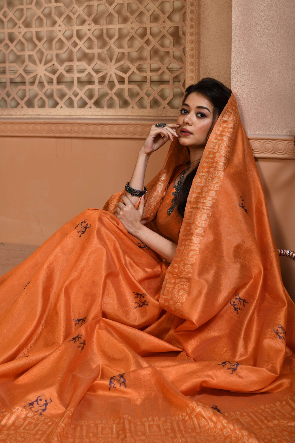 Jyoti Fashion Women's Orange Handloom Raw Silk Weaving Pallu Traditional Saree with Blouse | Grocsy