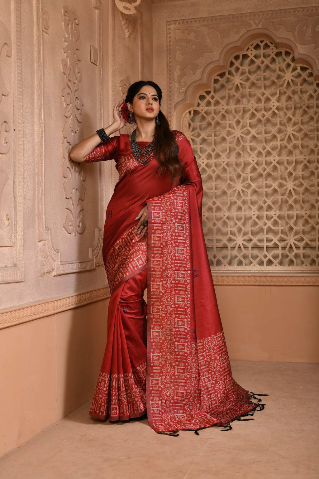 Jyoti Fashion Women's Red Handloom Raw Silk Weaving Pallu Traditional Saree with Blouse | Grocsy