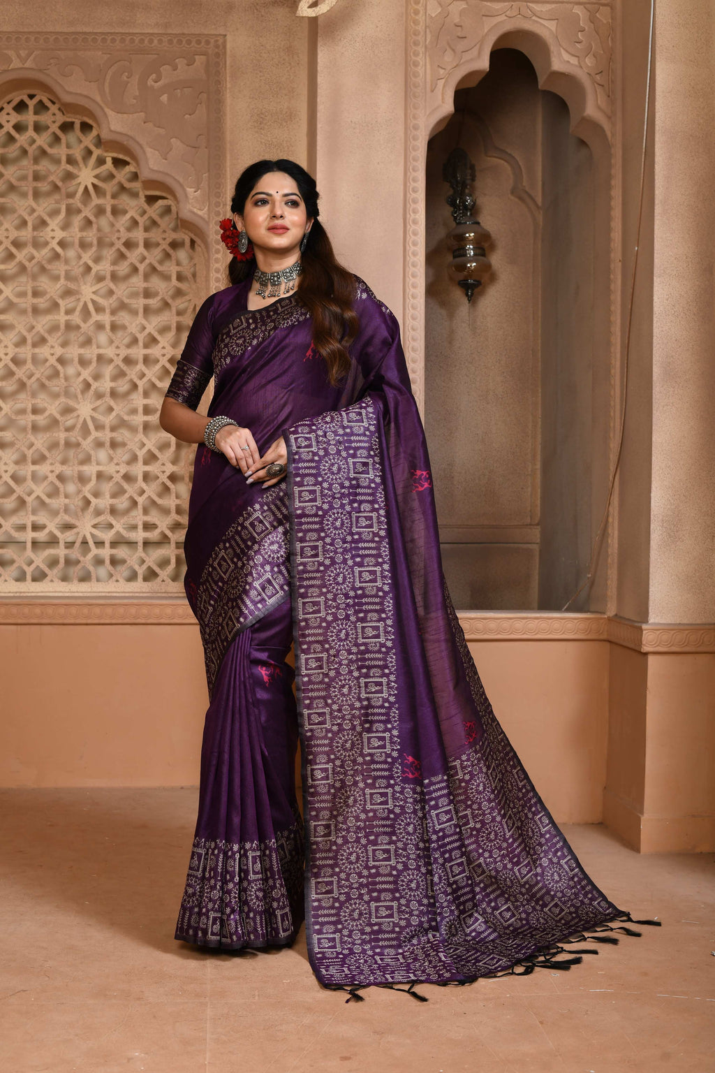 Jyoti Fashion Women's Purple Handloom Raw Silk Weaving Pallu Traditional Saree with Blouse | Grocsy
