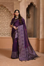 Jyoti Fashion Women's Purple Handloom Raw Silk Weaving Pallu Traditional Saree with Blouse | Grocsy