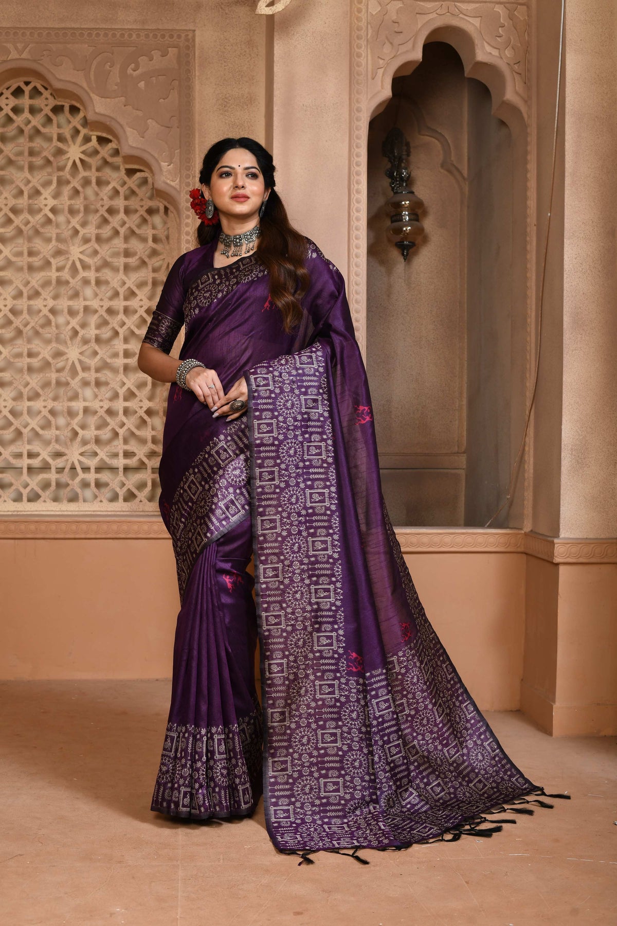 Jyoti Fashion Women's Purple Handloom Raw Silk Weaving Pallu Traditional Saree with Blouse | Grocsy