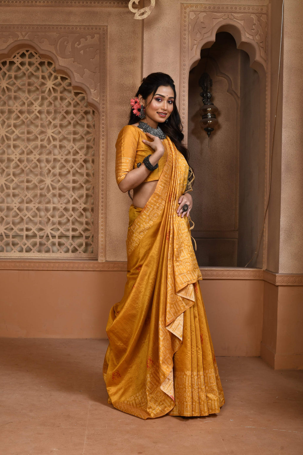 Jyoti Fashion Women's Mustard Handloom Raw Silk Weaving Pallu Traditional Saree with Blouse | Grocsy