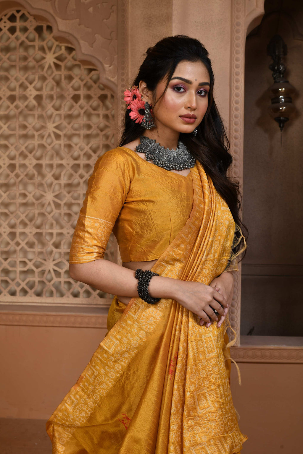 Jyoti Fashion Women's Mustard Handloom Raw Silk Weaving Pallu Traditional Saree with Blouse | Grocsy