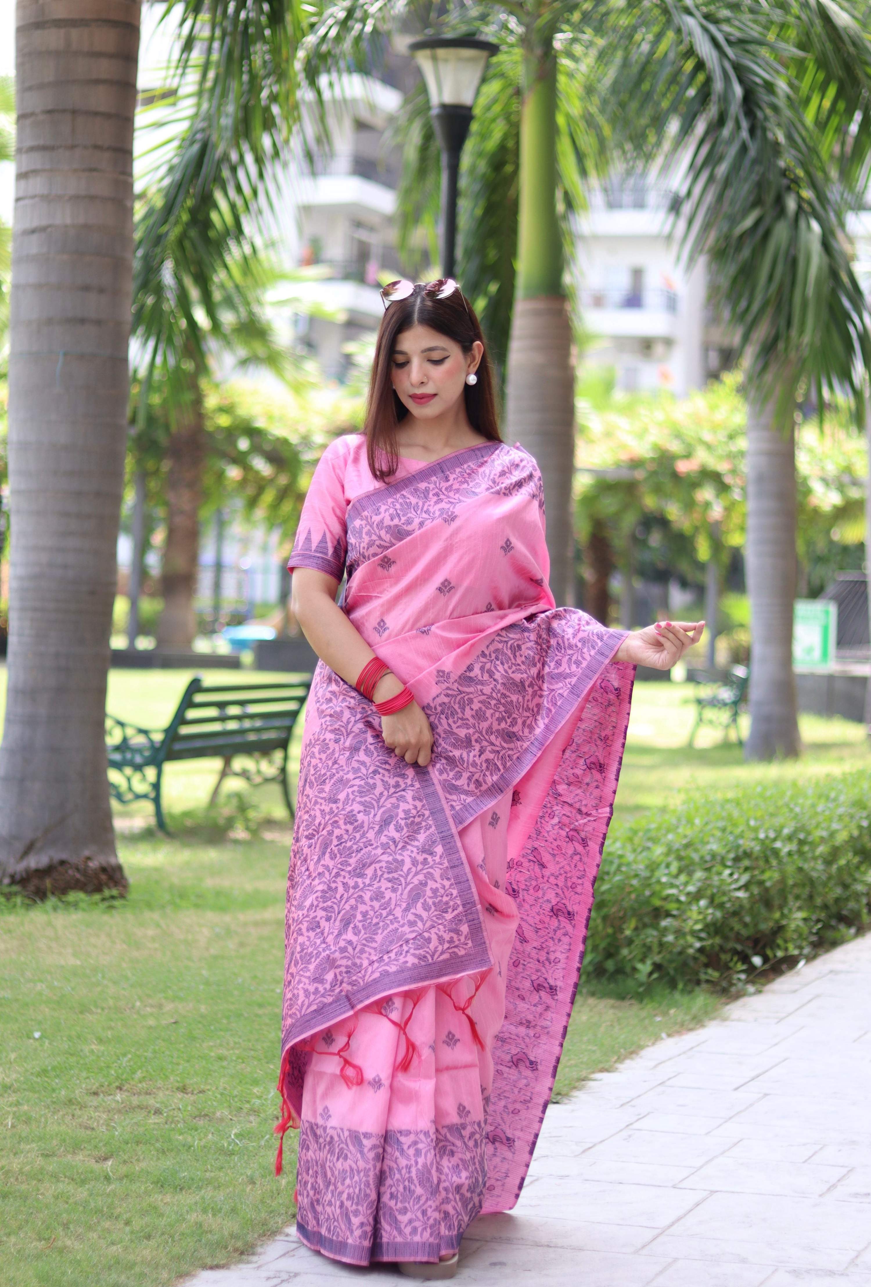 Jyoti Fashion Women's Baby Pink Handloom Raw Silk Weaving Pallu Traditional Saree with Blouse | Grocsy