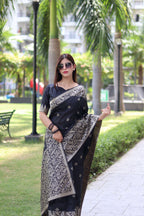 Jyoti Fashion Women's Black Handloom Raw Silk Weaving Pallu Traditional Saree with Blouse | Grocsy