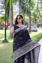 Jyoti Fashion Women's Black Handloom Raw Silk Weaving Pallu Traditional Saree with Blouse | Grocsy